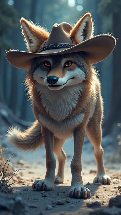 ( Coyote wearing a cowboy hat), [backwards], Coyote head,anthropo, masterpiece, luz cinematográfica,  atmospheric lighting,  subsurface dispersion,