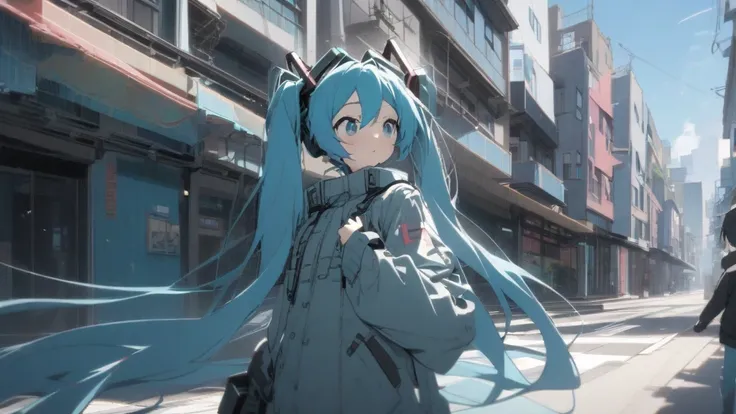 Hatsune Miku with long straight blue hair,Walking down the street