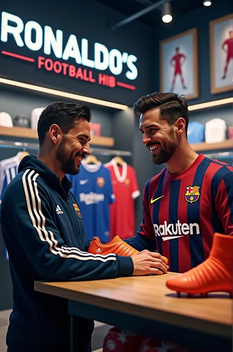 "An energetic and modern football store owned by Cristiano Ronaldo. The store is packed with premium football gear, jerseys, and accessories. Ronaldo stands proudly behind the counter, wearing a tracksuit with Cristiano Ronaldo clearly printed on it. The w...