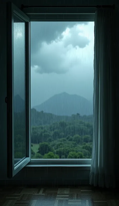 From an open window you can see a storm while its raining without people.
