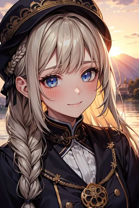 ((masterpiece)), (( top quality)), ( beautiful girl),  perfectly detailed eyes ,  perfectly detailed face, ,  perfect face,  high definition ,Village Girl、 ethnic costumes、 braided hair、Pitiful、smile、 flushed cheeks、Sunset、Northern Europe