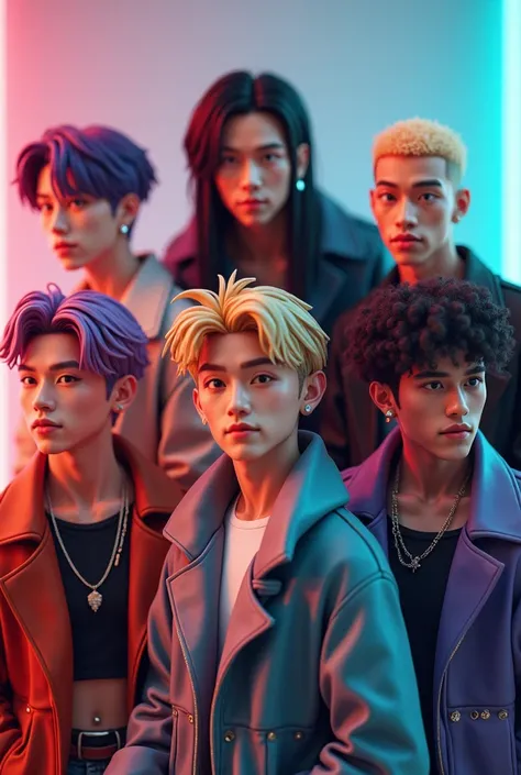 Generate a group picture of five men in a boy band, they are very diverse group of people, the first one is Asian, he has soft elegant features with purple hair, and piercings (He has typical soft Korean features). the second one is hispanic/Indian, he has...