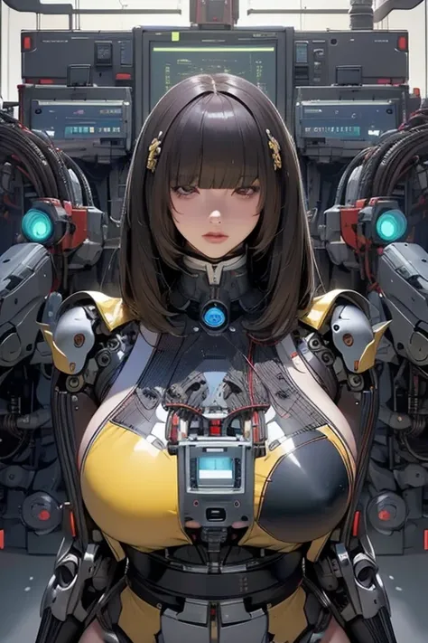 masterpiece, best quality, extremely detailed,portrait,upper body,front view,Japaese android girl,Plump, control panels,android,Droid,front cutout uniform,Mechanical Hand, Robot arms and legs,Blunt bangs,long tube,thick cable connected her neck,