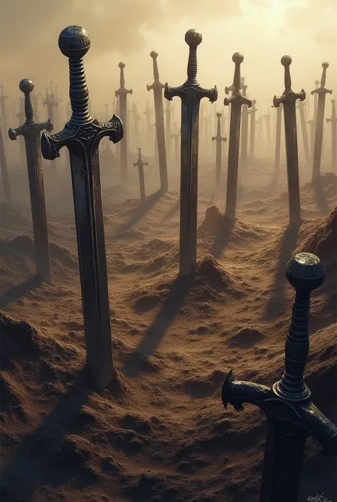 On the battlefield，Multiple swords stuck in the ground