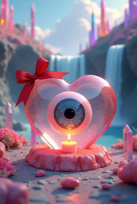 3D creative art, gray eye inside crystal heart with red bow ribbon, heart cooking in candle, utopia world waterfall with surreal landscape rainbow crystals background