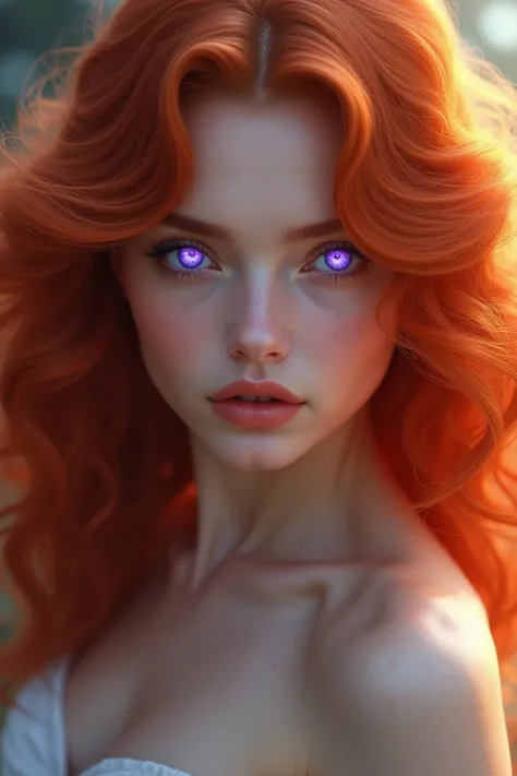 Beautiful woman with red hait and bright purple eyes
