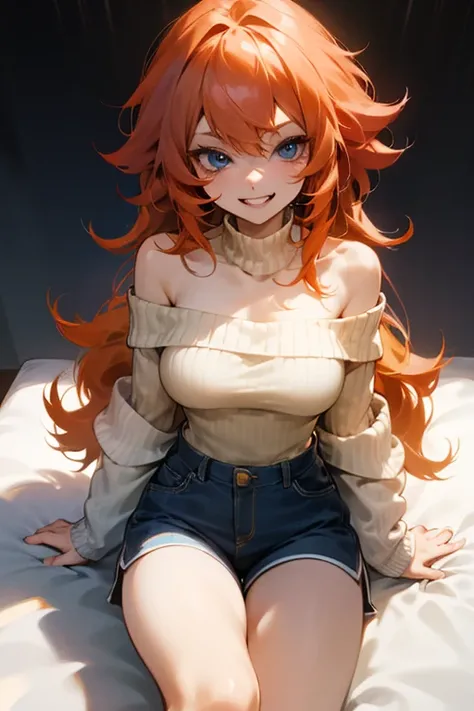 Mereoleona orange hair、grin、bangs、long hair,  cowlick at the top of the head 、Big Breasts ,blue eyes, Thighs、look at me, Anatomically Correct ,she haves fang, Line of sight, Navy blue off-shoulder sweater ,smiles,  short pants after the concert, Revealing ...