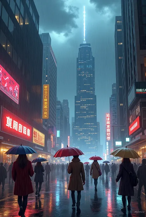 A modern city skyline under heavy rain, with dark storm clouds above. Reflections of neon lights shimmer on wet streets, and people with umbrellas rush through the bustling scene.