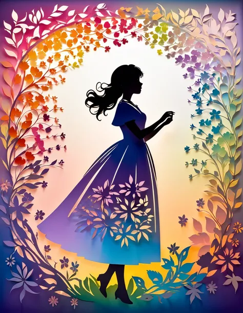 Paper cut out silhouette art, Shadow art, silhouette art, everything except the shadows is colored with colored cellophane, Colorful gradient background. transparent flower petals, Colorful flowers, Botanical Art, elegant floral ornament, delicate botany, ...