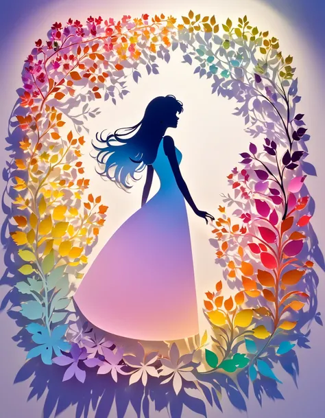 Paper cut out silhouette art, Shadow art, silhouette art, everything except the shadows is colored with colored cellophane, Colorful gradient background. transparent flower petals, Colorful flowers, Botanical Art, elegant floral ornament, delicate botany, ...