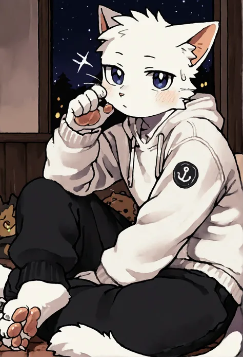 A Furry Cat with white fur    , To be tall and thin and to have paws and to have dark blue eyes and to be male and to have long ,  spiky black male hair and to wear a white sweatshirt with a small moon symbol on the white sweatshirt and to wear black pants...