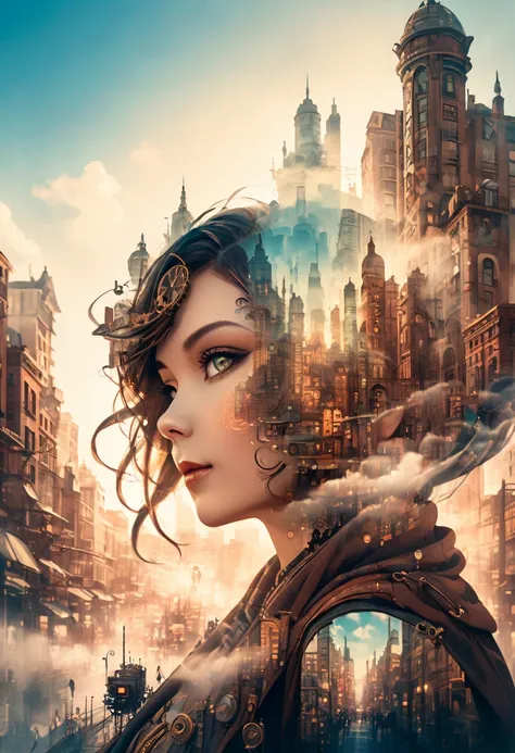  Beautiful Charming Girl Double Exposure， Background is a Steam Punk City Perfect , Super Dream Double Shadow Steam Punk City Beauty,  complex illustration , Artwork Concept Artwork Masterpiece ,  top quality,  Super Detailed ,  HD