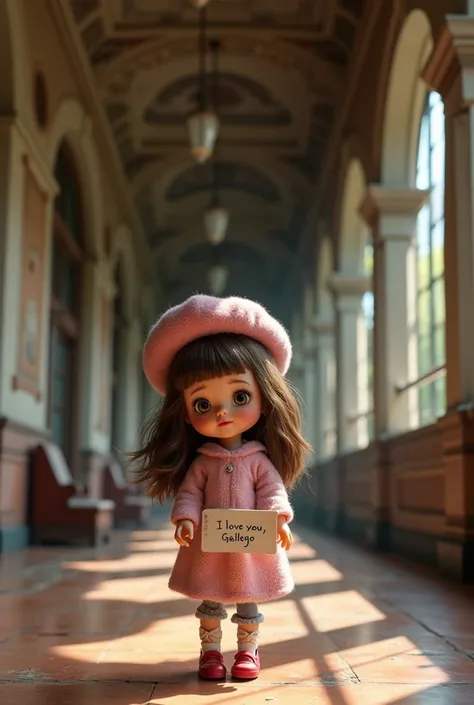  A train station called Canfranc  ,  where a doll with brown hair and a pink beret .  In her hand she carries a note that says : I love you Gallego 