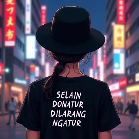 This ilustrasi picture shows a Korean woman wearing a black hat and black t-shirt with writing tied at the back of her hair. The writing on the t-shirt reads: "SELAIN DONATUR DILARANG NGATUR". spelled correctly, the background of this image is a city view ...