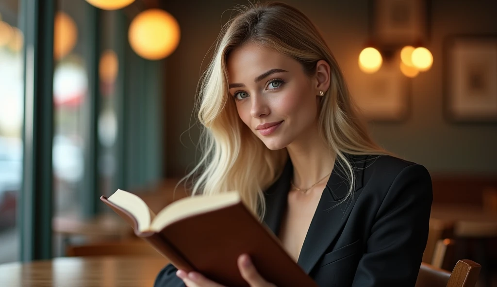 a full body shot of young woman with blonde hair wearing professional business attire, reading at a cafe, long eyelashes, beautiful eyebrows, cute smile, slim waist, slender figure, detailed face, beautiful detailed eyes, beautiful detailed lips, extremely...