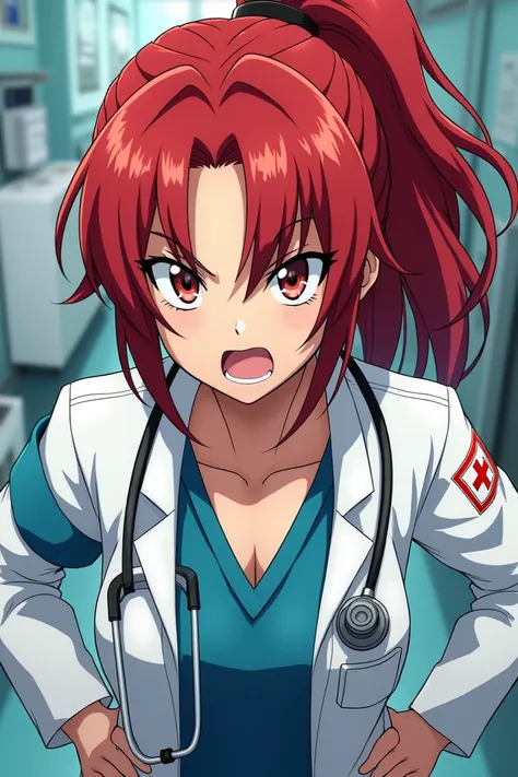 Red haired doctor in doctors uniform with fierce face anime face 