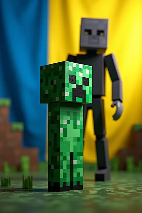 Create image of creeper and ender man on the background of the flag of Ukraine 