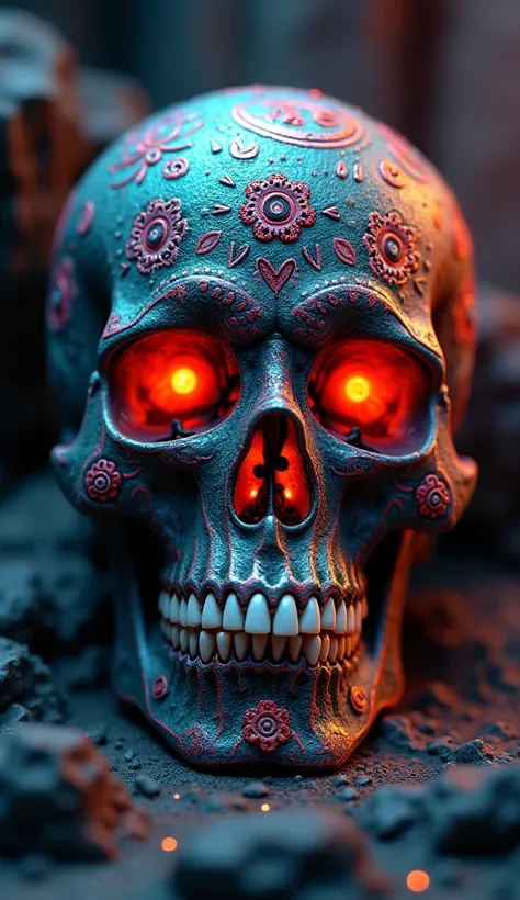 A mesmerizing 8K HD, 4D, high-definition image featuring a close-up of a stunningly detailed and intricately designed skull. The background is a dark and mysterious abyss, accentuating the vibrant colors and patterns adorning the skull. The design incorpor...