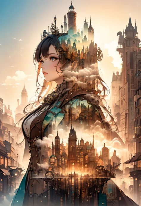  Beautiful Charming Girl Double Exposure， Background is a Steam Punk City Perfect , Super Dream Double Shadow Steam Punk City Beauty,  complex illustration , Artwork Concept Artwork Masterpiece ,  top quality,  Super Detailed ,  HD