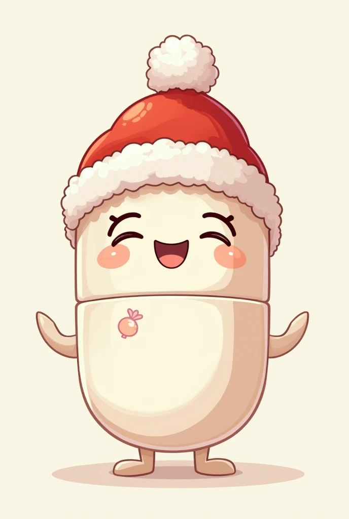  A CUTE VITAMIN CAPSULE WITH CHRISTMAS CAP , WHITE VITAMIN CAPSULE WITH KAWAII FACE ,  VITAMIN CAPSULE SMILING WITH EYES CLOSED AND WEARING A CHRISTMAS CAP