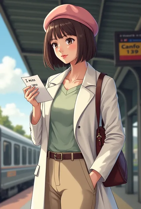  Paint a woman with short brown hair without bangs ,  wearing a pink beret , wearing beige pants and a white coat ,  at a train station where you can read on a CANFRANC sign.  The woman has a note where you can read  "I miss you"