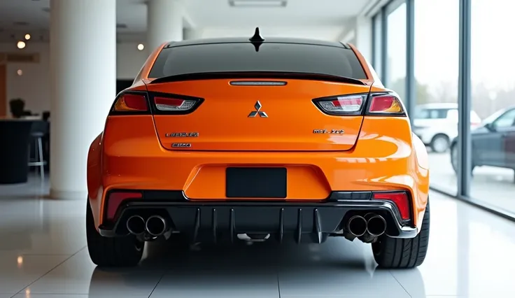  Back view of painted orange   with shiny clour show 2025 Mitsubishi  Lancer Evo sleek in large shape sedan in large size with Mitsubishi  Lancer Evo logo on its large detailed grille in shiny white clour with angular sporty design captured from close back...