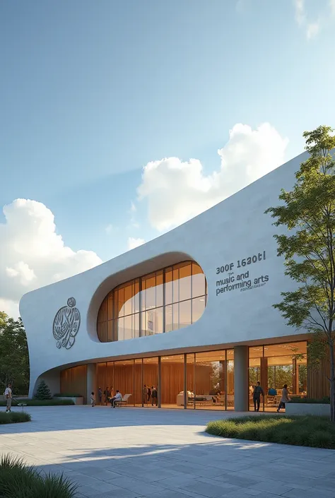 a perspective of building for conservatory of music and performing arts for a school

please make it simple building (just a modern building) and this building will propose in university 

also, in the front of the building please put a sign "MUSIC AND PER...