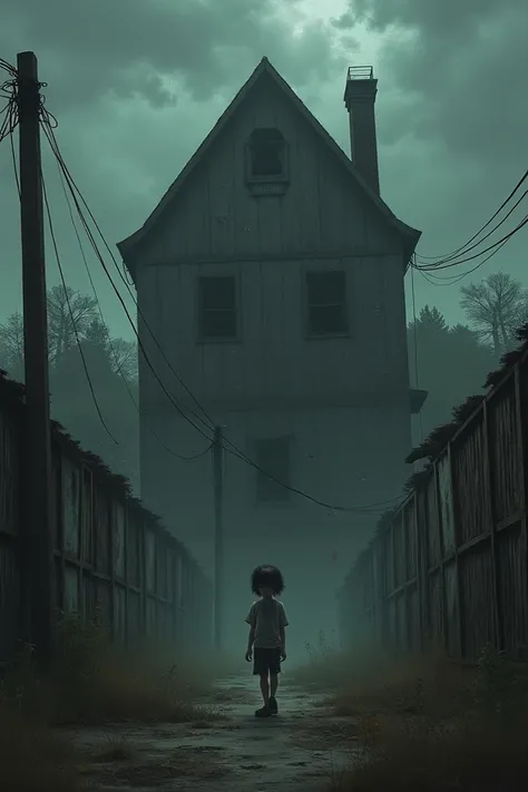 orphanage with ren in the yard but dark atmosphere