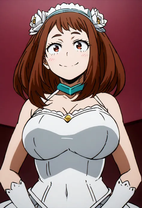 Character Ochako Uraraka and character Himiko Togs from the anime boku no hero both with big boobs and both wearing a sexy bride dress and looking to the camera with a naughty face