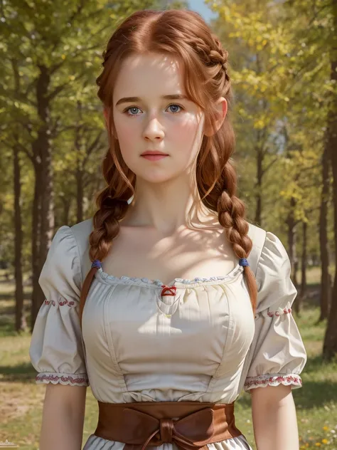 (best quality,4k,8k,highres,masterpiece:1.2),ultra-detailed,(realistic,photorealistic,photo-realistic:1.37), ((woman wearing  dirndl, solo, shy, pale skin)), ((very large bust size for her young age)), braided red hair