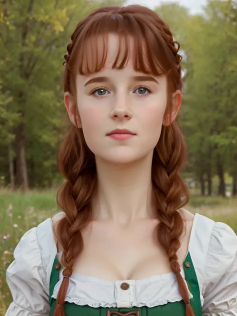 (best quality,4k,8k,highres,masterpiece:1.2),ultra-detailed,(realistic,photorealistic,photo-realistic:1.37), ((woman wearing  dirndl, solo, shy, pale skin)), ((very large bust size for her young age)), braided red hair