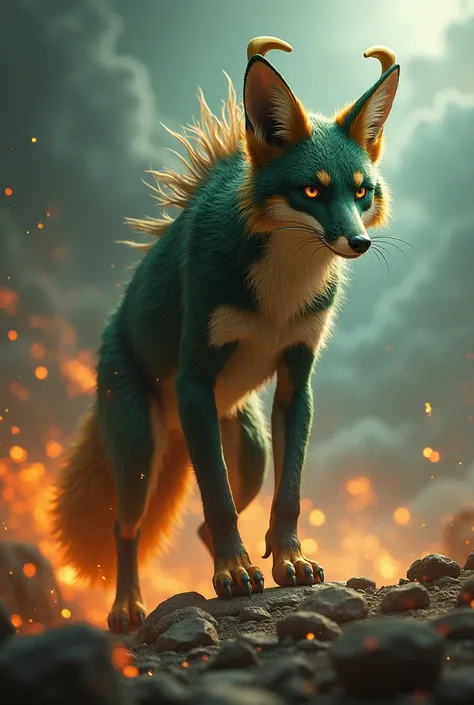 "Create an image of a hybrid creature that combines the features of [Loki] and a [fox] into a single, seamless entity with a monstrous, dangerous appearance. The creature should have the sleek, agile body of a fox, but with Lokis mischievous yet intimidati...