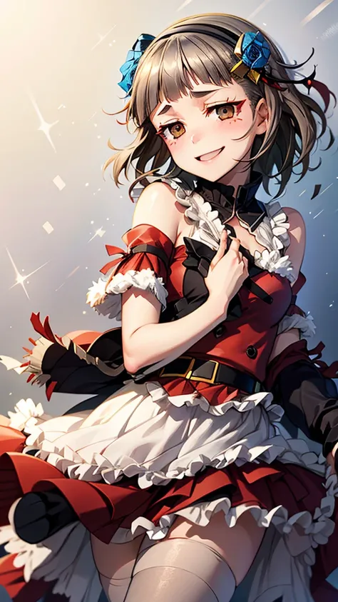 (((solo))), 1 woman, Sakuya Kurobane, sakuyaunif, kurobane_sakuya, (brown eyes), short hair, grey hair, black hairband, blue hair flower, red eyeliner, chest, blush, smile, (upper body), santa claus