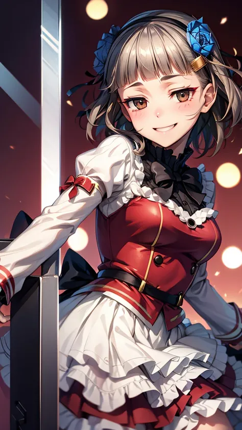 (((solo))), 1 woman, Sakuya Kurobane, sakuyaunif, kurobane_sakuya, (brown eyes), short hair, grey hair, black hairband, blue hair flower, red eyeliner, chest, blush, smile, (upper body), santa claus