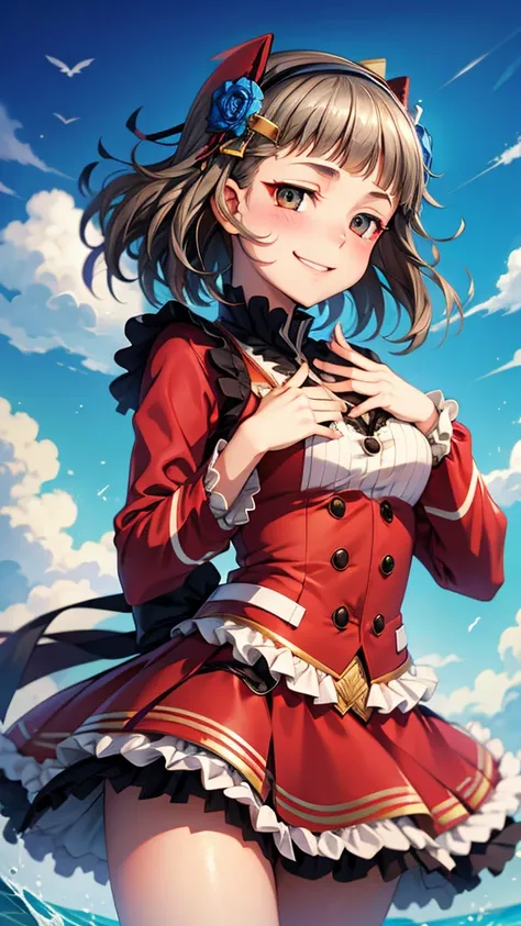 (((solo))), 1 woman, Sakuya Kurobane, sakuyaunif, kurobane_sakuya, (brown eyes), short hair, grey hair, black hairband, blue hair flower, red eyeliner, chest, blush, smile, (upper body), santa claus