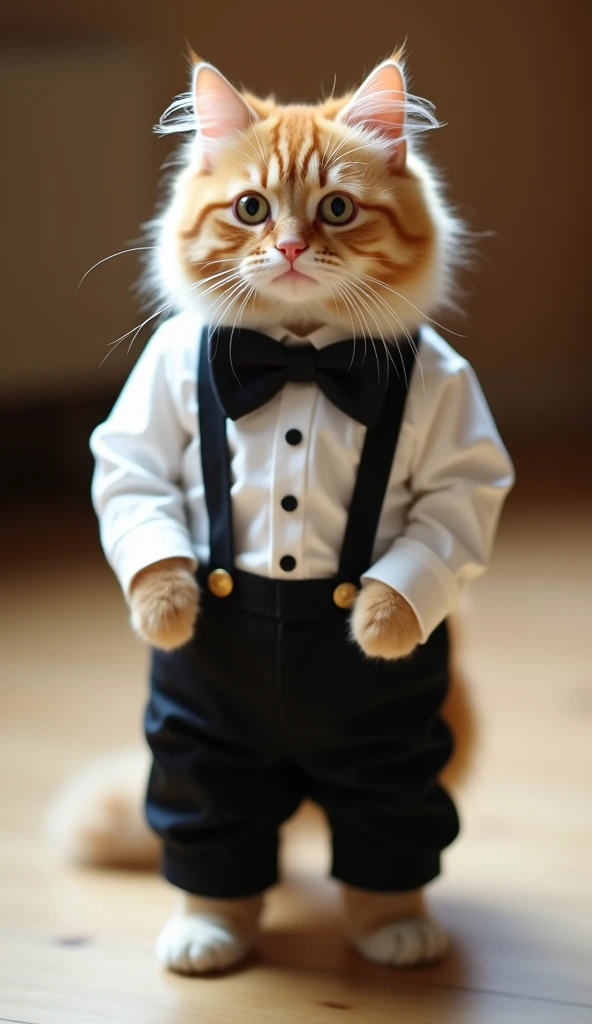  standing on its back legs ,  Facing Front, she; a long sleeve white shirt with a black bow tie . wearing black suspender pants .The cat is beige and has soft fur .. Enhance the cuteness of your cat.  The background is slightly blurred in the dance studio....