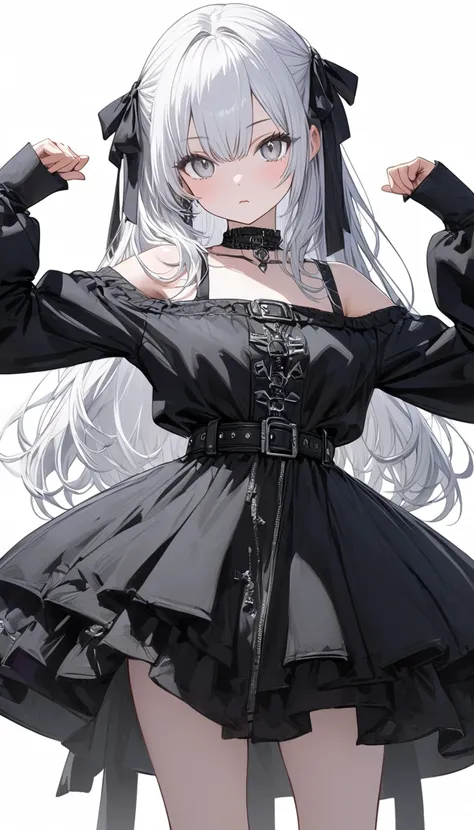  ultra detail, cute girl,　Long white hair,　Silver Eyes, 　Off-the-shoulder gothic ,black clothes, white background ,whole body,Ｔ pose