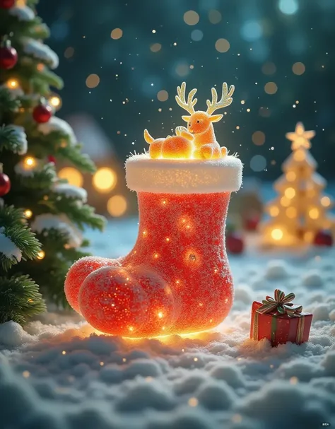 Made with clear candy,miluo_3dcj,Christmas theme,This is a digital illustration in a whimsical,festive style. The central focus is a large,oversized Christmas stocking with a green base and red top,placed in the snow. The stocking is adorned with a fluffy ...