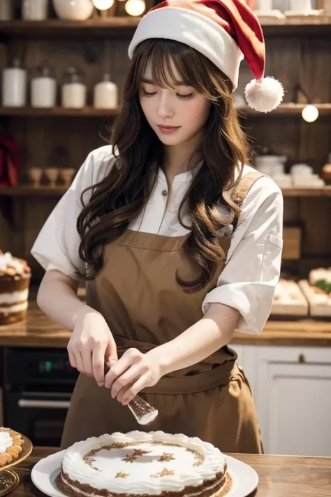 Christmas season, in a cozy pastry shop, a pastry chef, creating a luxurious Christmas cake with intricate decorations, with very short wavy pale orange and brown hair, wearing a clean white chefs uniform and Santa Clauss hat, beautiful white-colored trans...