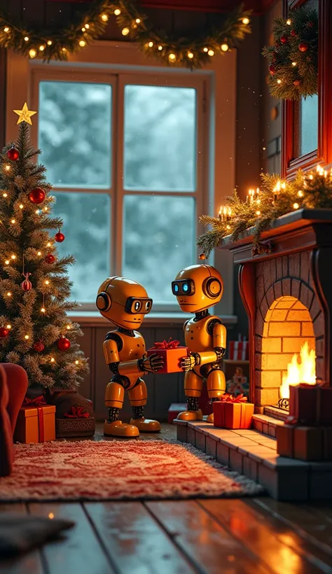 A whimsical Christmas scene inside a cozy robots country house, warm glowing lights adorning metallic walls, a beautifully decorated artificial Christmas tree with glowing ornaments, robotic characters exchanging gifts, snow gently falling outside the wind...