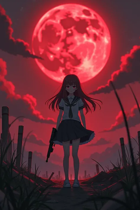 Anime girl standing in the middle of war field, held a gun, her eyes are filled with tears and determination, with red sky and moon