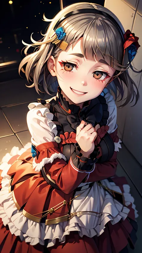 (((solo))), 1 woman, Sakuya Kurobane, sakuyaunif, kurobane_sakuya, (brown eyes), short hair, grey hair, black hairband, blue hair flower, red eyeliner, chest, blush, smile, (upper body), santa claus