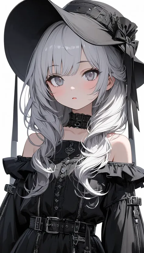  ultra detail, cute girl,　Long white hair,　Silver Eyes, 　Off-the-shoulder gothic ,black clothes, white background ,whole body,upright