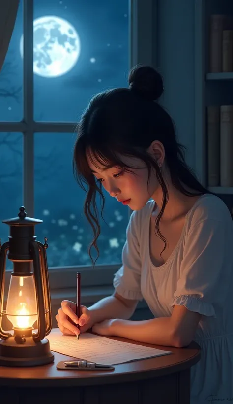 A beautiful teenage girl is sitting writing on a sheet at night.