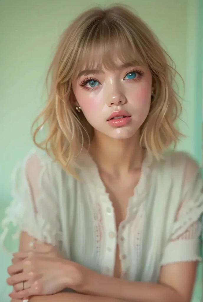    Detailed Portrait of a Teenage Girl Piercing Her Blue Eyes with Thick Lashes ,   Hyper Details ,   Photorealistic,   perfect face, Front View, Blue Eye Earrings with Thick Lashes Clear Like Glass , real skin,    pink medium length hair with bangs    ,  ...