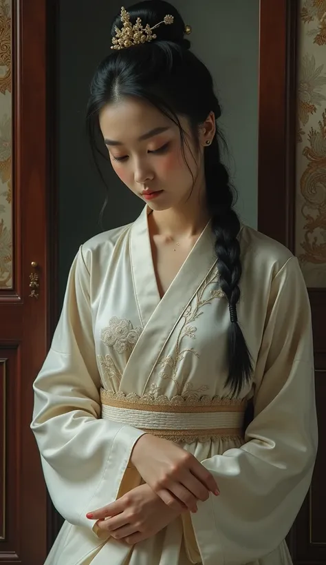  A BEAUTIFUL YOUNG CHINESE GIRL IN THE TIME OF THE EMPEROR, SHES IN THE PALACE  ,  SHES WEARING SIMPLE CLOTHES AND SHES SAD .