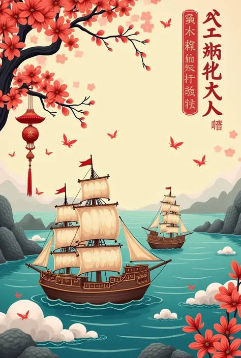 Draw a cute Vietnamese style greeting card for the Year of the Snake ，It is also accompanied by the ancient Chinese words “Happy New Year” plus fishing port and marine elements and warships

