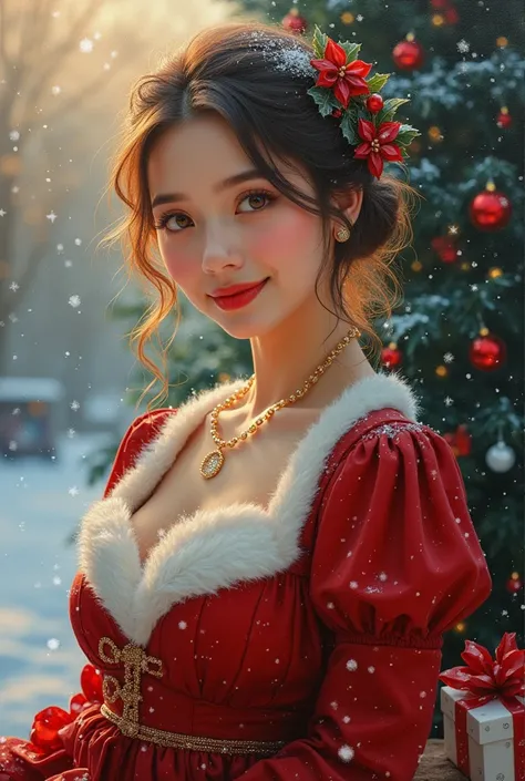 Best quality, masterpiece, ultra-detailed, Van Gogh style color palette, advertising image of an oil painting of a beautiful young woman. Perfect facial features, perfect eyes, eye contact, kind smile, happiness, lip gloss, mist in hair, dynamic pose, ❄️, ...