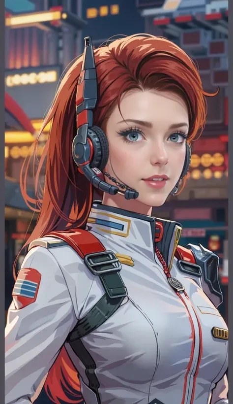 With high definition images，Vice Captain of the Space Battleship。woman, face details,Chestnut Hair, Twin Tail Hairstyle, full body high quality image, green eyes,Red Necklace,In formal attire,uniform,White jacket,（ space carrier bridge in the background）Wa...