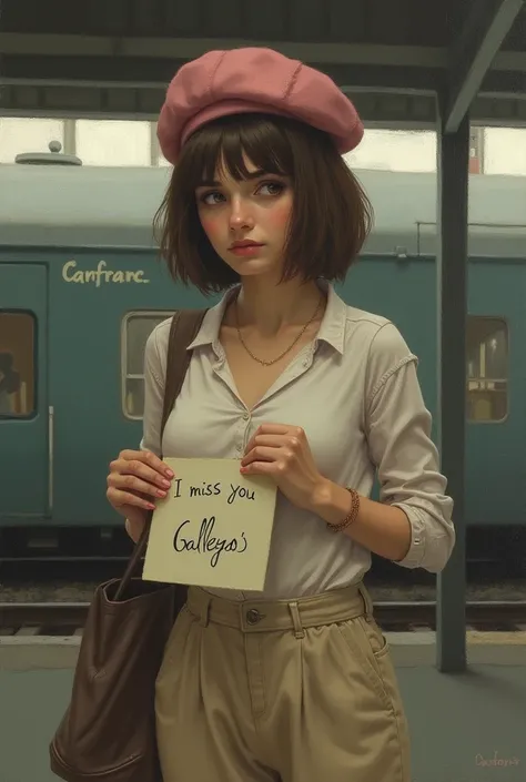  Painting a woman with short brown hair ,  wearing a pink beret ,  with beige pants ,  at a train station where you can read on a CANFRANC sign.  The woman has a note where you can read  " I miss you Gallego ". The woman has a sad face. 